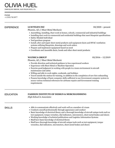 sheet metal worker resume|sheet metal mechanic resume sample.